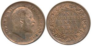 Edward VII, Bronze ¼ Anna, 1906, Calcutta Mint (Prid 651). About Uncirculated, Rare.