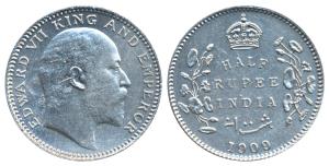 Edward VII, Silver ½ Rupee, 1909, Calcutta Mint, No mint mark, (Prid 313). About Extremely