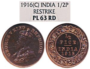 George V, Copper Proof Restrike ½ Pice, 1916, Calcutta Mint (Prid 749). Proof Restrike, NG