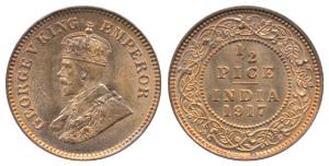 George V, Copper ½ Pice, 1917. Mint State.