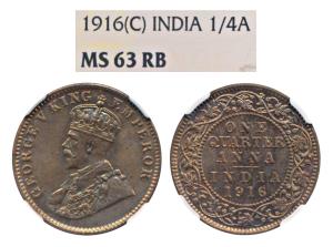 George V, Copper ¼ Anna, 1916, Calcutta Mint, (KM 512). Graded by NGC MS63RB, Rare.