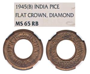 George VI, Copper Pice, 1945 Bombay Mint, flat crown (Prid 703). Graded by NGC MS65RB.