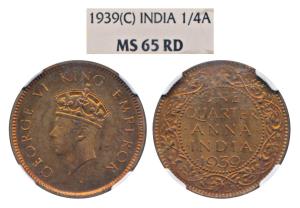 George VI, Copper ¼ Anna, 1939, Calcutta Mint, No dot, Head type I (Prid 685). Graded by N