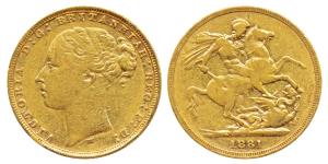 Australia, Victoria, Gold Sovereign, 7.86g, 1881, Young head, ‘M’ mint mark for Melbourne 