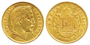 France, Napoleon III, Gold 20 Francs, 6.42g, 1869 BB, Strasbourg Mint, obv. laureate head,