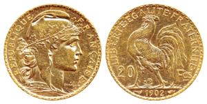 France, Gold 20 Francs, 6.4g, 1902, obv. Liberty head, rev. rooster divides value (KM 847)