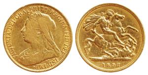 Great Britain, Victoria, Gold ½ Sovereign, 4g, 1897, veiled head, rev. St. George slaying 