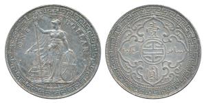 Great Britain, Silver Trade Dollar, Bombay Mint, B incuse at the top of the middle prong i