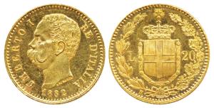 Italy, Umberto I, Gold 20 Lire, 6.44g, Rome Mint, 1882, star above crowned shield between 