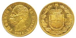 Italy, Umberto I, Gold 20 Lire, 6.4g, Rome Mint, 1885, star above crowned shield between v