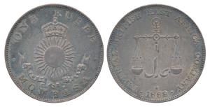 Mombasa, Silver Rupee, 11.59g, 1888 AD H mintmark, obv. Crowned sun above ribbon and value