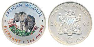 Zambia, Coloured Silver 5000 Kwacha, 31.4g, 2000, African Wildlife, obv. African Wildlife 