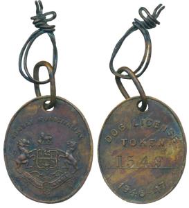 Copper Dog License Token, Bombay Municipality with Coat of Arms on obv., Dog License Token
