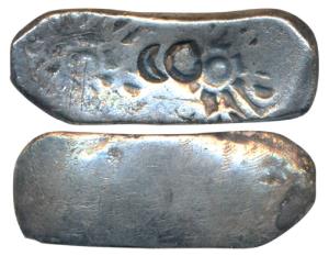 Archaic Punch Marked Coinage, attributed to Gandhara Janapada, Bent Bar, Silver 5 Shana, 1