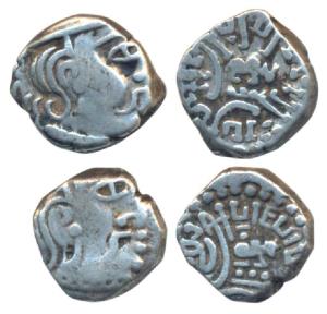 Kalachuris of Mahishmati, Krishnaraja (c. 550-575 AD), Silver Drachm, 1.98g & 2.06g, obv. 