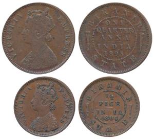 Ganga Singh (VS 1944-1999; 1887-1942 AD), Copper ¼ Anna & ½ Pice, with the name and portra