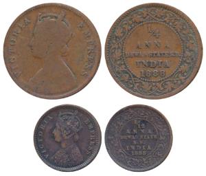 Krishnaji Rao (1860-1899 AD), Copper ¼ & 1/12 Anna, with the name and portrait of Victoria