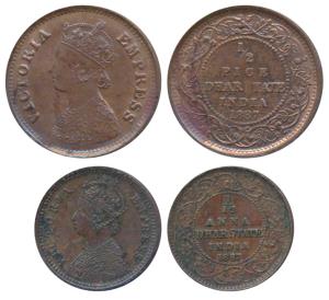 Anand Rao III (AH 1276-1316; 1860-1898 AD), Copper ½ Pice & 1/12 Anna, Calcutta Mint, with