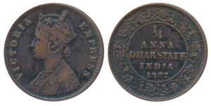 Anand Rao III, Copper ¼ Anna, Calcutta Mint, with the name and portrait of Victoria, 1887 
