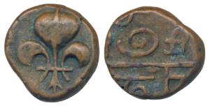 Pondicherry Mint, Copper Doudou, 4.29g, obv. fleur-de-lis, rev. mint name in Tamil (KM 35)