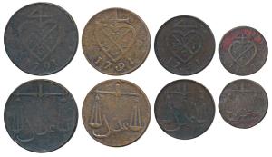 Copper set of four, 2, 1 ½, 1 & ½ Pice / 8, 6, 4 & 2 Reas, 1791, obv. bale mark, rev. scal