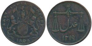 Copper 2 Pice, 1804, obv. coat of arms of the EIC and date below, rev. scales with date AH