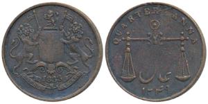 Copper ¼ Anna 1833, obv. coat of arms of the EIC and date below, rev. scales with date AH 
