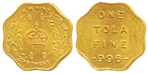 Bombay Mint, Token, Gold Tola, 11.65g, obv. H. M. Mint, crown within wreath and Bombay bel