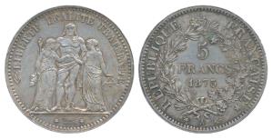 France, Third Republic, Silver 5 Francs, 24.97g, obv. Hercules standing facing between Lib