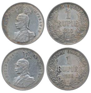 German East Africa, Wilhelm II, Silver Rupie (2), 1906 & 1910, mint marks A & J (KM 10). V