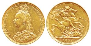 Great Britain, Victoria Queen, Gold Sovereign, 8g, 1891, Jubilee head, St. George slaying 