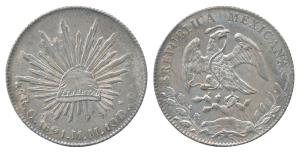 Mexico, Silver 8 Reales, 27.04g, 1891, eagle holding a snake in its beak (KM 377.10). Extr