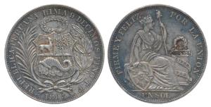 Peru, Silver Sol, 25g, Santiago Mint, 1895 (KM 196). Extremely Fine.
