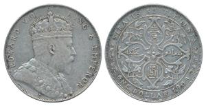 Straits Settlements, Edward VII, Silver Dollar, 20.14g, 1908, rev. artistic design within 