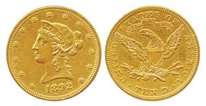 United States of America, Gold $10, 16.67g, 1892, obv. Liberty head, rev. Motto ‘IN GOD WE