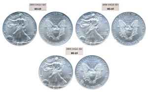 United States of America, Silver 1 Dollar, 2003, 2004 & 2005, American Silver Eagle, obv. 