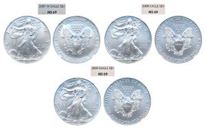 United States of America, Silver 1 Dollar, 2007, 2008 & 2008, American Silver Eagle, obv. 