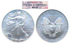 United States of America, Silver 1 Dollar, 31g, 2006, American Silver Eagle, 1 of first 50