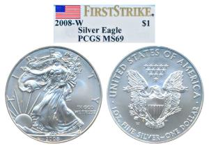 U106-7 United States of America, Silver 1 Dollar, 31g, 2008, American Silver Eagle, First 