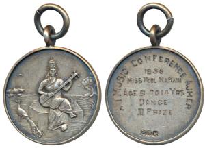 All India Music Conference, Ajmer, Silver Medal, 9.70g, 1936, obv. Goddess Saraswati, rev.