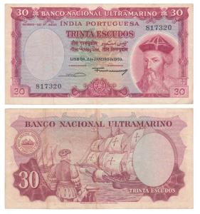 Indo-Portuguese, 30 Escudos, 7th issue, 1959, Banco Nacional Ultramarino, (J&R 12.35.2). V