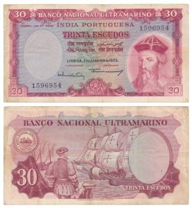 Indo-Portuguese, 30 Escudos, 7th issue, 1959, Banco Nacional Ultramarino, (J&R 12.35.3). V