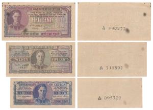 Ceylon, George VI, 50 and 25 Cents, 1942; 10 Cents, 1943. About Very Fine to Very Fine. (3