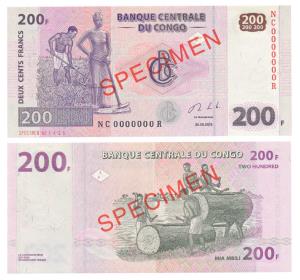 Congo, 200 Francs, Specimen overprint in red on both sides, 2013, watermark of a giraffe. 