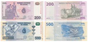 Congo, 200 & 500 Francs, 2013 and 2020, watermark of a giraffe. Uncirculated. (2)