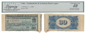 Cuba, 1.5 Pesos, Habana Bond Coupon, 1897. Graded by Legacy Currency Grading Extremely Fin