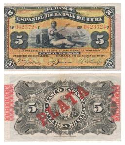 Cuba, Banco Espanol, Cinco / 5 Pesos, 1896, Habana, marked PLATA (Silver) in red on revers