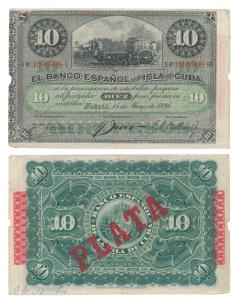 Cuba, Banco Espanol, Diez / 10 Pesos, 1896, Habana with perforated edges, marked PLATA (Si