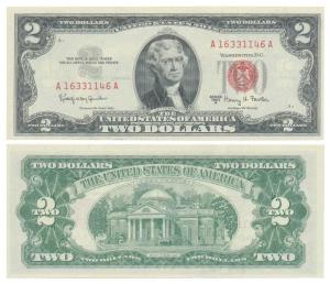 United States of America, $2, with the portrait of Thomas Jefferson, 1963A series, red sea