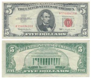 United States of America, $5, Abraham Lincoln, 1963A series, red seal. Very Fine+.